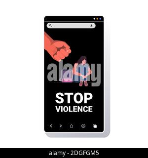 fist sur la peur terrifiée fille arrêter la violence familiale et l'agression illustration vectorielle pleine longueur de l'écran du smartphone contre les enfants Illustration de Vecteur