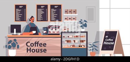 barista masculin en uniforme travaillant dans un serveur de café moderne en tablier debout au comptoir de café portrait horizontal illustration vectorielle Illustration de Vecteur