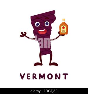 Mignon dessin animé État Vermont personnage clipart. Carte illustrée de l'État du Vermont des États-Unis avec le nom de l'État. Motif drôle de personnage pour jeu d'enfants, sticke Illustration de Vecteur