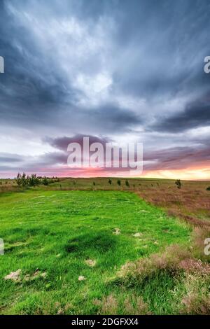 Coucher de soleil en Islande. Campagne prairies et ciel rouge Banque D'Images