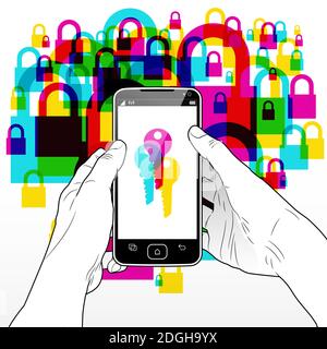 Un nuage de données de données protégées fermées déverrouillées par des clés de mot de passe contenues sur un smartphone. Illustration de Vecteur