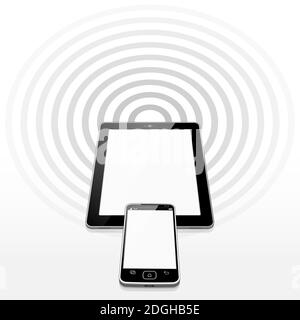 Un smartphone a placé un chevauchement entre un périphérique Tablet PC. L'émission des deux appareils est un signal Wi-Fi avancé puissant. Illustration de Vecteur