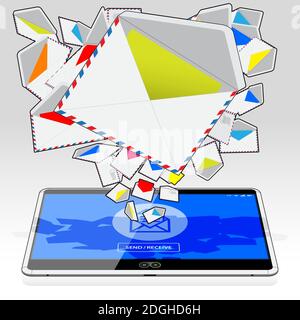 A horizontal Tablet Computer sending and receiving electronic email. Illustrated is a stream of email randomly streaming from its display screen. Stock Vector