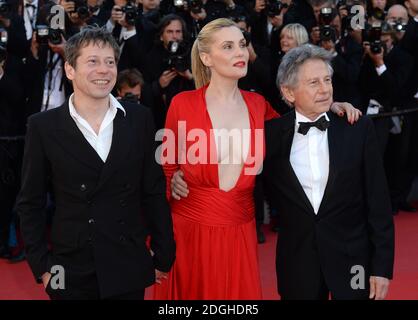 Mathieu Amalric, Emmanuelle Seigner et réalisateur Roman Polanski à la première de Vénus en fourrure, Palais de Festival. Partie du 66e Festival de Cannes. Banque D'Images