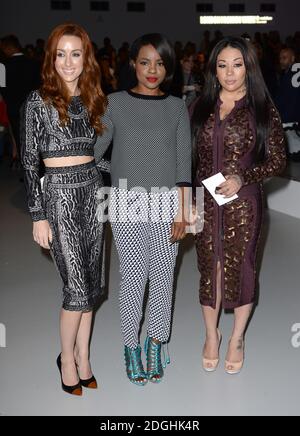 (De gauche à droite) Siobhan Donaghy, Mutya Buena et Keisha Buchanan des Sugababes au PPQ Catwalk Show, dans le cadre de la London Fashion week, printemps été 2014, BFC Showspace, Somerset House. Banque D'Images