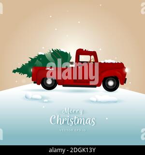 Un adorable camion de Noël rouge dans les champs de neige avec joyeux Noël texte Illustration de Vecteur