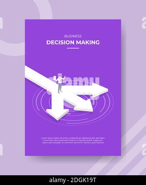 les hommes de prise de décision d'affaires tiennent le papier debout sur trois flèches rue pour modèle de prospectus et de bannière d'impression couverture isométrique 3d motif vectoriel de style plat Banque D'Images