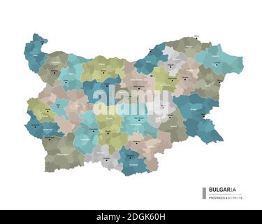 Bulgarie carte détaillée avec subdivisions. Carte administrative de la Bulgarie avec le nom des districts et des villes, colorée par les Etats et le dist administratif Illustration de Vecteur