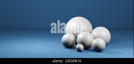 Sphères rondes abstraites, globes ou balles dans un intérieur de studio numérique réaliste, illustration de rendu cgi, rendu de fond d'écran, blanc, bleu Banque D'Images