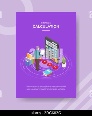 calculs financiers les hommes debout tiennent le papier avant grande pile de calculatrice usine de livres pour le modèle de circulaire et la couverture de bannière d'impression isométrique modèle plat 3d ve Banque D'Images