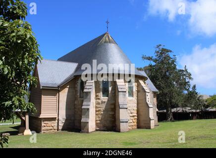 Île Norfolk, arrière de la chapelle Saint-Barnabas, église mère des Missionnaires en Mélanésie (1867-1920). Banque D'Images