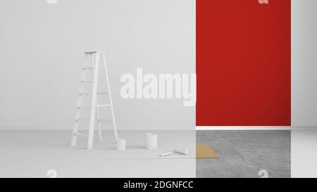 Salle de séjour rénovée abstraite avec bande colorée au mur - Illustration 3D Banque D'Images