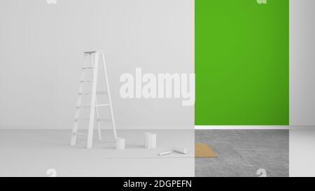 Salle de séjour rénovée abstraite avec bande colorée au mur - Illustration 3D Banque D'Images