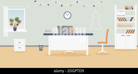 Noël intérieur du lieu de travail dans le bureau sur le fond bleu clair.atmosphère de Noël:guirlande des ampoules, arbre de Noël.Meubles: Table Banque D'Images