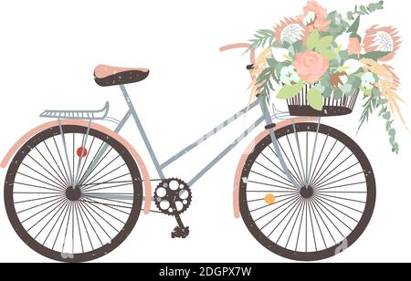 vélo de mariage de boho pastel legant dessiné à la main avec un bouquet de fleurs dans un panier. Isolé sur fond blanc. Illustration de Vecteur