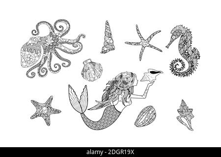 Collection de faune sous-marine monochrome et de sirène dans l'art zen style Illustration de Vecteur