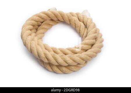Photo en studio d'un petit nombre de vieux cordages coupés Sur fond blanc - John Gollop Banque D'Images