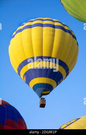 Ballon à air chaud jaune et bleu dans le ciel bleu Banque D'Images