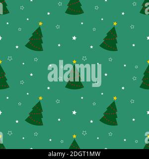 Motif sans couture avec arbres de noël verts et étoiles sur fond vert. Papier peint abstrait, décoration d'emballage. Joyeux Noël, bonne nouvelle Banque D'Images