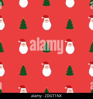 Motif sans couture avec arbres de noël verts et Père Noël sur fond rouge. Papier peint abstrait, décoration d'emballage. Joyeux Noël, joyeux nouvel an Banque D'Images
