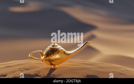 Lampe Aladdin magique avec génie. Désert en arrière-plan. Illustration de rendu 3D. Banque D'Images