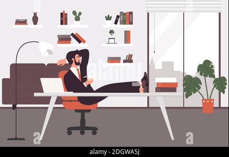 Homme d'affaires au repos, thé dans le travail de bureau illustration vectorielle. Dessin animé homme d'affaires personnage en costume boire du thé, prendre la pause, assis au travail, table avec ordinateur portable dans le bureau intérieur Illustration de Vecteur