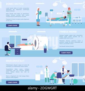 Jeu d'illustrations vectorielles personnes dans les services hospitaliers. Homme de dessin animé femme médecin et infirmière travaillant avec des patients dans le service de gynécologie ou de chirurgie, le fond de scanner de tomographie de laboratoire Illustration de Vecteur