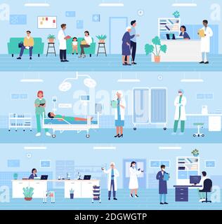 Ensemble d'illustrations vectorielles intérieures des services des bureaux de la clinique de l'hôpital. Personnel de la médecine de dessin animé, homme femme médecins travaillent en laboratoire médical, accueil, traiter les patients malades dans le fond de la salle de chirurgien Illustration de Vecteur