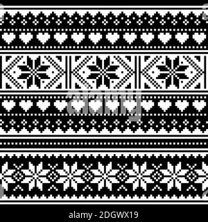 Écossais style jacquard traditionnel tricot à motif vectoriel sans couture, rétro Shetlands tricots motifs répétitifs avec flocons de neige et coeurs en blanc Illustration de Vecteur