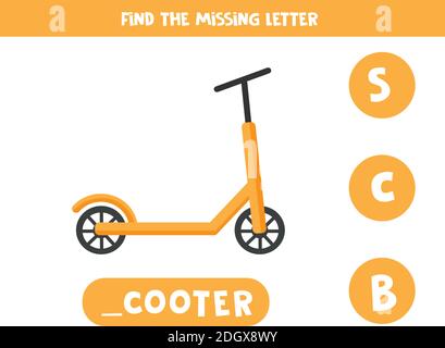 Trouvez la lettre manquante avec un joli scooter de dessin animé. Jeu d'orthographe éducatif. Illustration de Vecteur