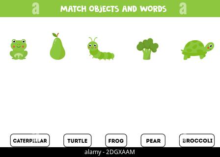 Faire correspondre les objets verts avec les objets écrits. Fiche d'information pour les enfants. Illustration de Vecteur