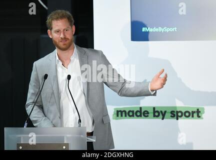 Le duc de Sussex assiste au lancement de Made by Sport, une nouvelle campagne réunissant une coalition d'organismes de bienfaisance soutenant les jeunes défavorisés par le sport, au Black Prince Trust à Lambeth, Londres. Crédit photo devrait lire: Doug Peters/EMPICS Banque D'Images