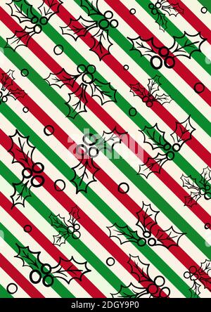 Carte à thème de Noël avec motif de baies de houx à rayures. Vecteur Illustration de Vecteur