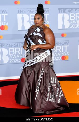 Lizzo arrivant pour les Brit Awards 2020 à l'O2 Arena, Londres. Le crédit photo devrait se lire comme suit : Doug Peters/EMPICS Banque D'Images