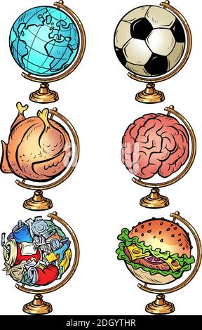 Mettez en place globe football ball poulet nourriture cerveau poubelle Burger Illustration de Vecteur