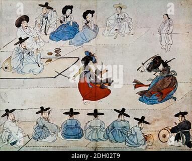 HEWON,SHIN YUN BOK,KANSONG MUSEUM,KOREAN CUSTOM PICTURE 17, DANSE ÉPÉE DES COURTESANS,쌍검대무,신윤복,혜원전신첩,풍속화첩,혜원, Banque D'Images