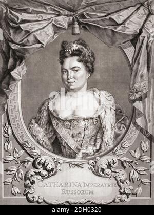 Catherine I, née Marta Samuilovna Skavronskaya, 1684 – 1727. Impératrice const de Russie comme seconde femme de Pierre le Grand. Après une œuvre de Jacob Houbraken. Banque D'Images