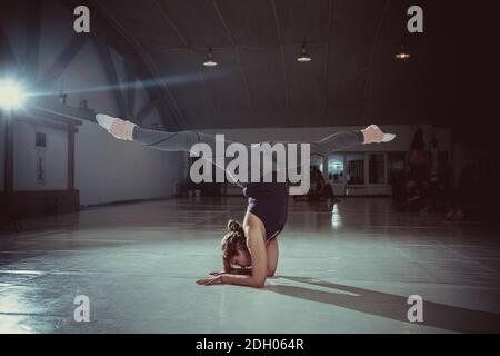 Jeune femme yogi attrayante pratiquant le concept de yoga, debout dans la variation de Pincha Mayurasana exercice, posture de la main, travail Banque D'Images