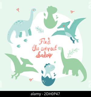 Jeu d'apprentissage avec dinosaures - affiche de style de conception plate. Trouvez la tâche d'observation correcte. Les temps préhistoriques, les animaux éteints, les infographies pour les enfants. Illustration de Vecteur