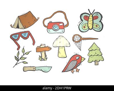 Plusieurs objets de camping et logo sur fond blanc - 3d rendu Banque D'Images