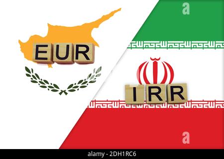 Chypre et l'Iran devises codes sur fond de drapeaux nationaux. Concept de transfert d'argent international Banque D'Images
