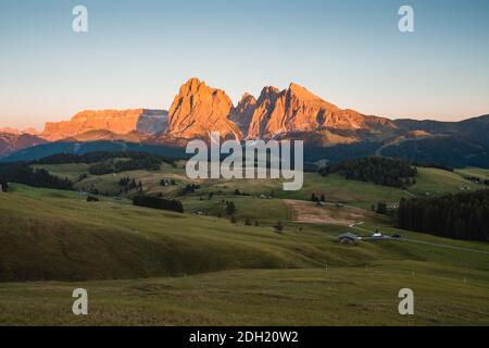 Alpe di Siusi au coucher du soleil par une journée d'été claire, Dolomites, Italie, Europe. Seiser Alm est un plateau des Dolomites et le plus grand pré alpin de haute altitude Banque D'Images