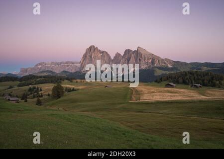 Alpe di Siusi au coucher du soleil par une journée d'été claire, Dolomites, Italie, Europe. Seiser Alm est un plateau des Dolomites et le plus grand pré alpin de haute altitude Banque D'Images