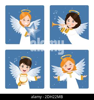 Quatre jolis anges sur un ciel sombre avec un fond d'étoiles. Illustration vectorielle plate Illustration de Vecteur