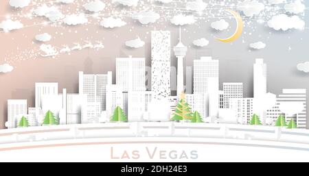 Las Vegas Nevada USA City Skyline en style papier coupé avec flocons de neige, Lune et Neon Garland. Illustration vectorielle. Concept Noël et nouvel an. Illustration de Vecteur