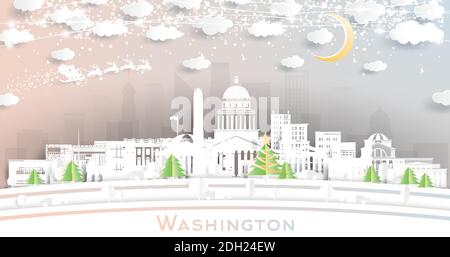 Washington DC USA City Skyline in Paper Cut Style avec des flocons, de la lune et des néons Garland. Vector Illustration. Noël et Nouvel An Concept. Illustration de Vecteur
