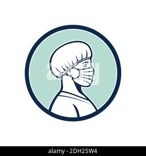 Femme infirmière portant un masque facial Mascot de profil latéral