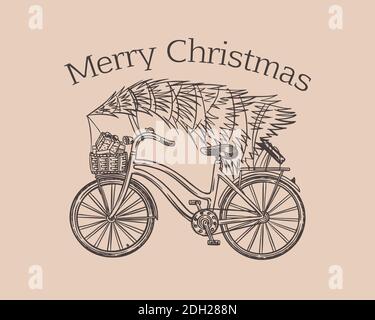 Vélo avec un arbre de Noël. Épicéa dans les bagages de la moto. Concept de livraison. Illustration vectorielle pour étiquette, badge, logo, carte postale ou bannière Illustration de Vecteur