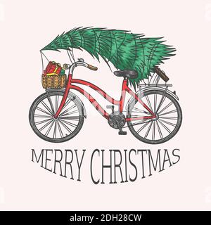 Vélo avec un arbre de Noël. Épicéa dans les bagages de la moto. Concept de livraison. Illustration vectorielle pour étiquette, badge, logo, carte postale ou bannière Illustration de Vecteur