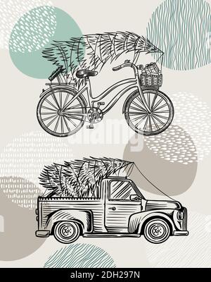 Voiture et vélo avec un arbre de Noël. Épicéa dans les bagages du camion. Concept de livraison. Illustration vectorielle pour étiquette, badge, logo, carte postale ou Illustration de Vecteur